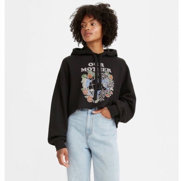 Levi's Tops - LEVI’S Crop Top Hoodie Our Mother Earth Graphic Black Sz M.